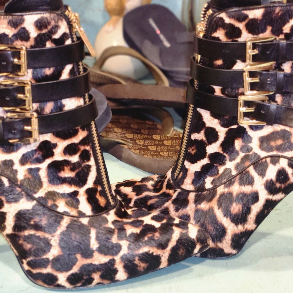 Leopard Print Ankle Boots with Black Straps